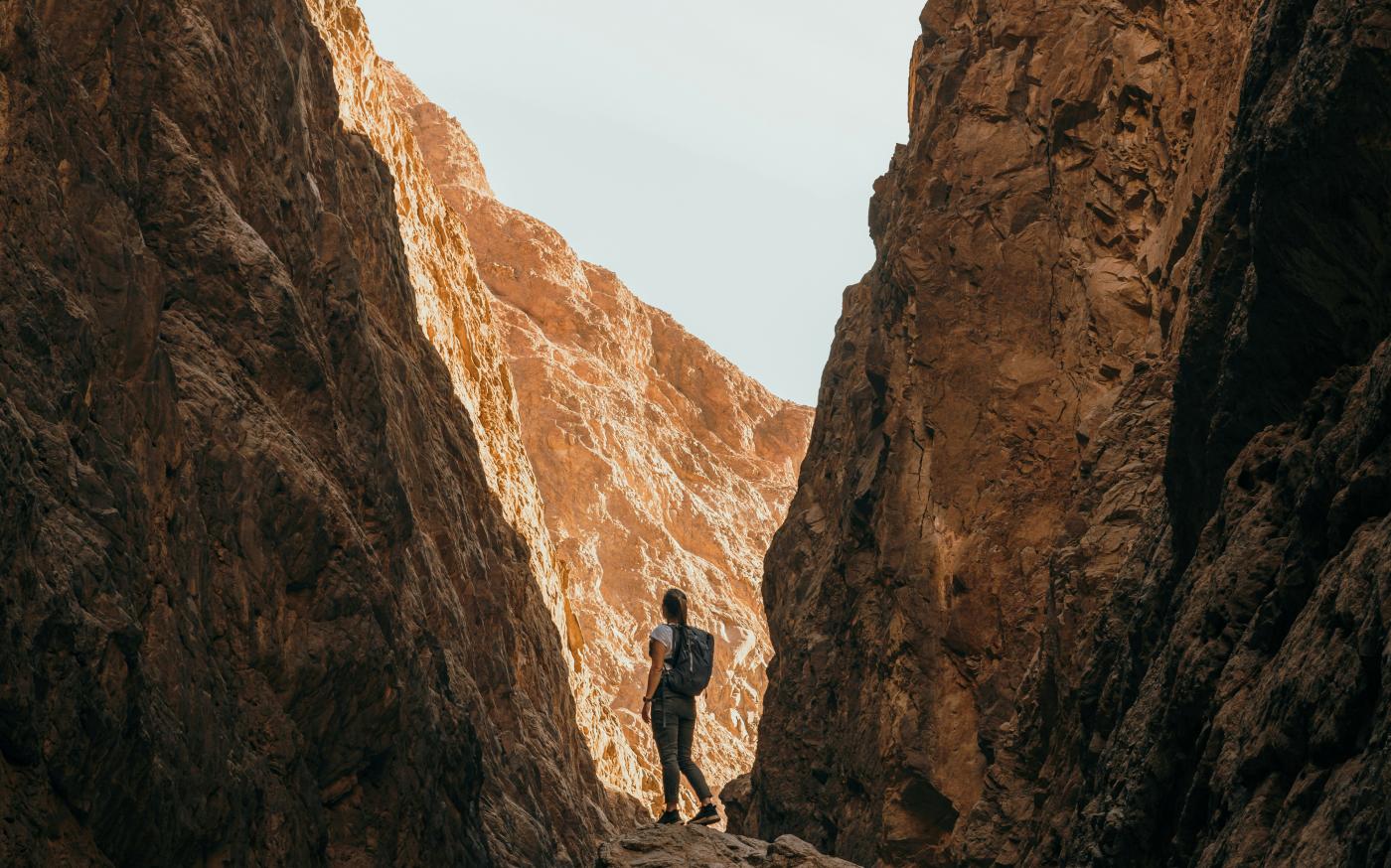 a person standing on a rock in a canyon by NEOM courtesy of Unsplash.