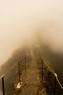 grayscale photo of bridge on mountain by Noah Grossenbacher courtesy of Unsplash.